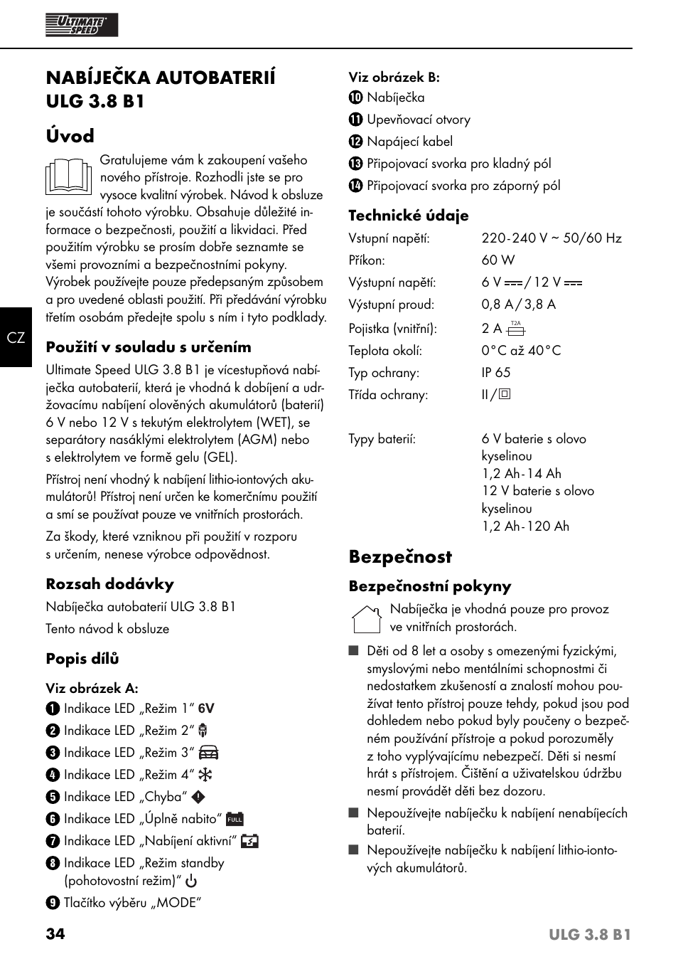 Nabíječka autobaterií ulg 3.8 b1 úvod, Bezpečnost | Ultimate Speed ULG 3.8 B1 User Manual | Page 37 / 60