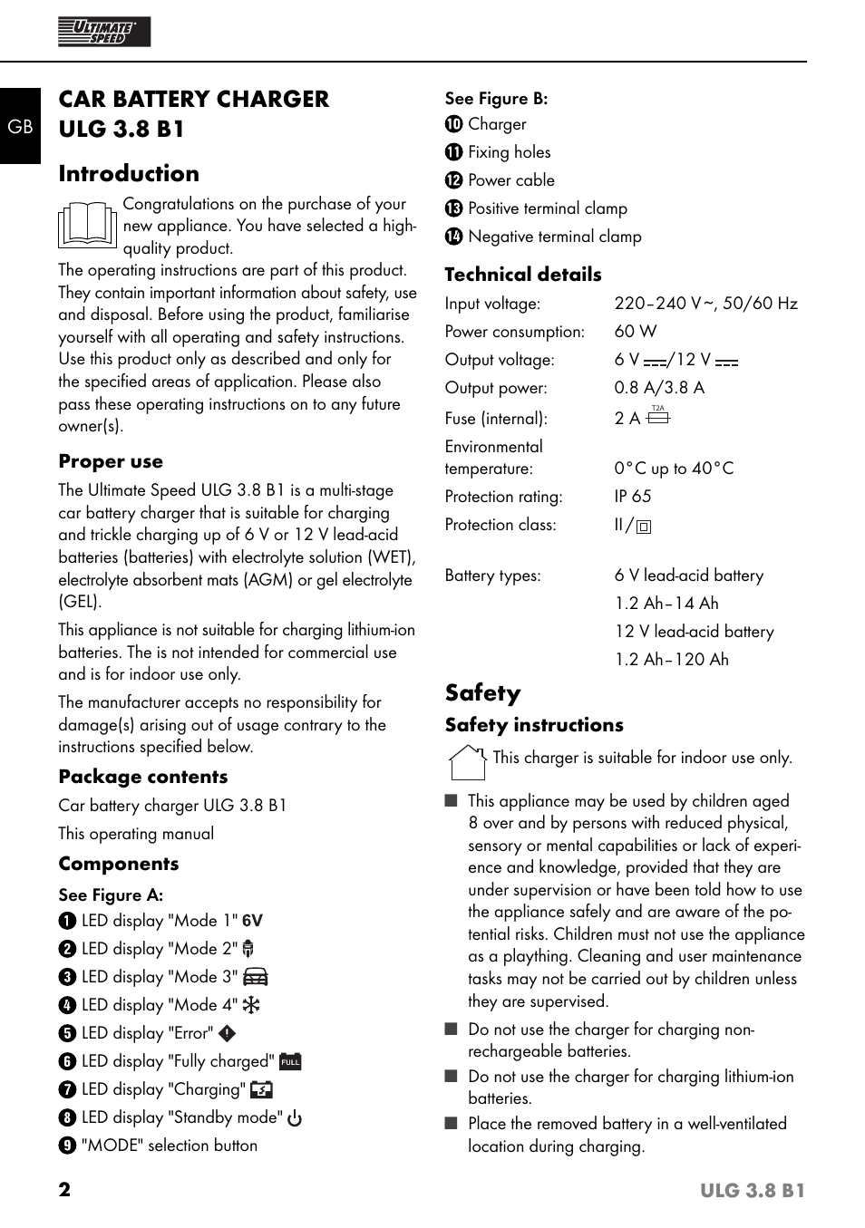 Car battery charger ulg 3.8 b1 introduction, Safety | Ultimate Speed ULG 3.8 B1 User Manual | Page 5 / 60