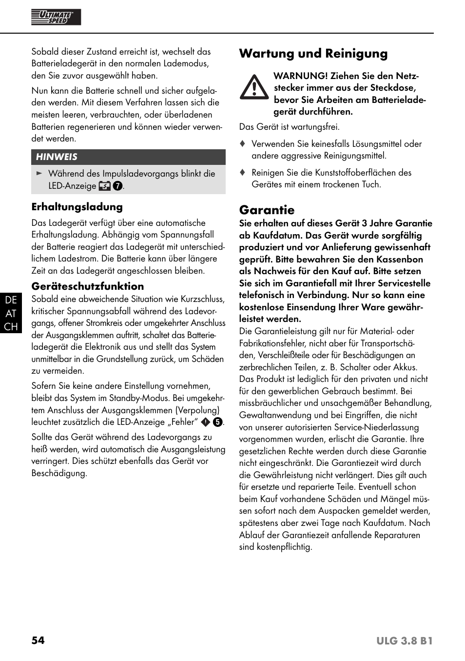 Wartung und reinigung, Garantie | Ultimate Speed ULG 3.8 B1 User Manual | Page 57 / 60