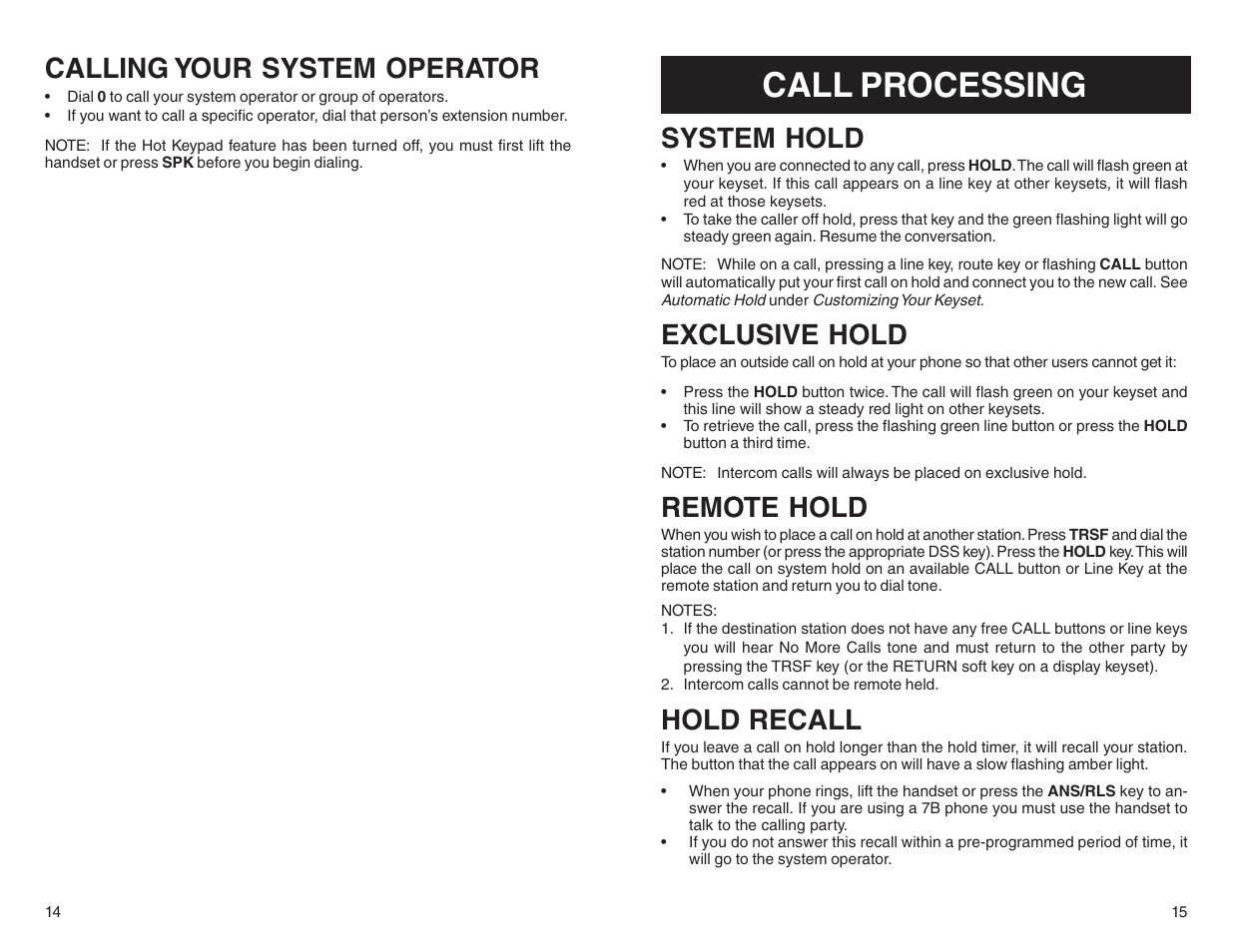Call processing, Calling your system operator, System hold | Exclusive hold, Remote hold, Hold recall | DCS LCD 24B User Manual | Page 10 / 30