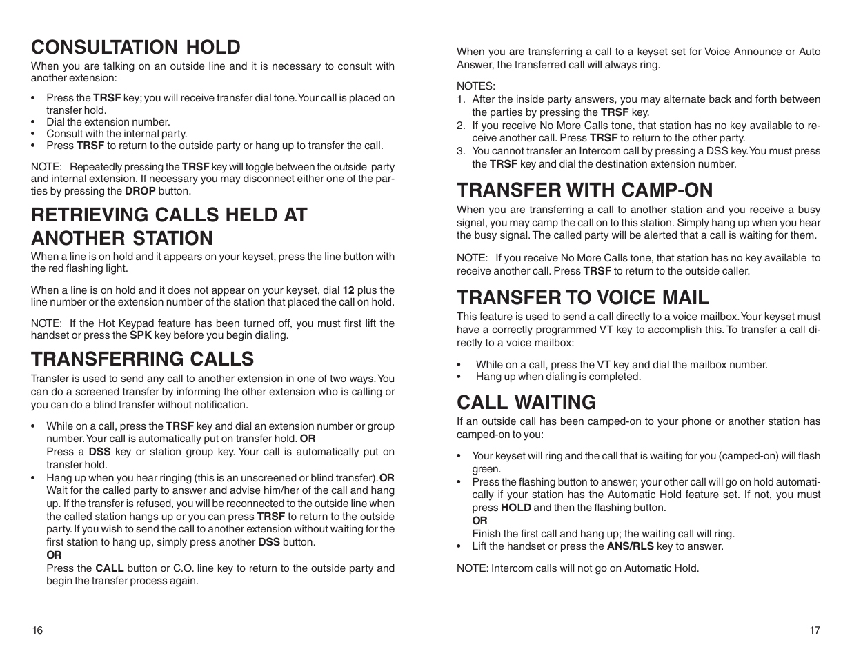 Consultation hold, Retrieving calls held at another station, Transferring calls | Transfer with camp-on, Transfer to voice mail, Call waiting | DCS LCD 24B User Manual | Page 11 / 30