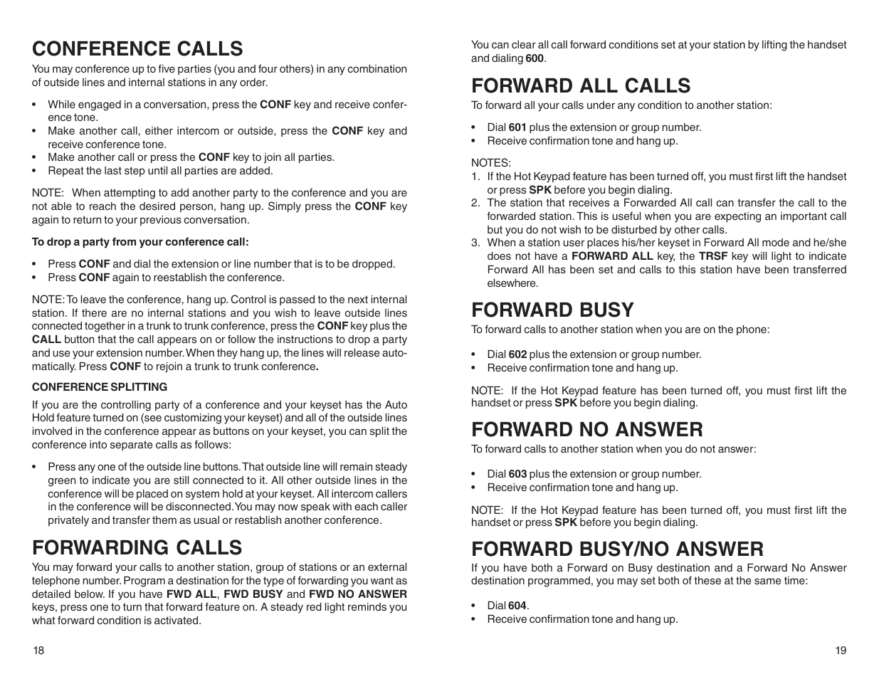 Conference calls, Forwarding calls, Forward all calls | Forward busy, Forward no answer, Forward busy/no answer | DCS LCD 24B User Manual | Page 12 / 30