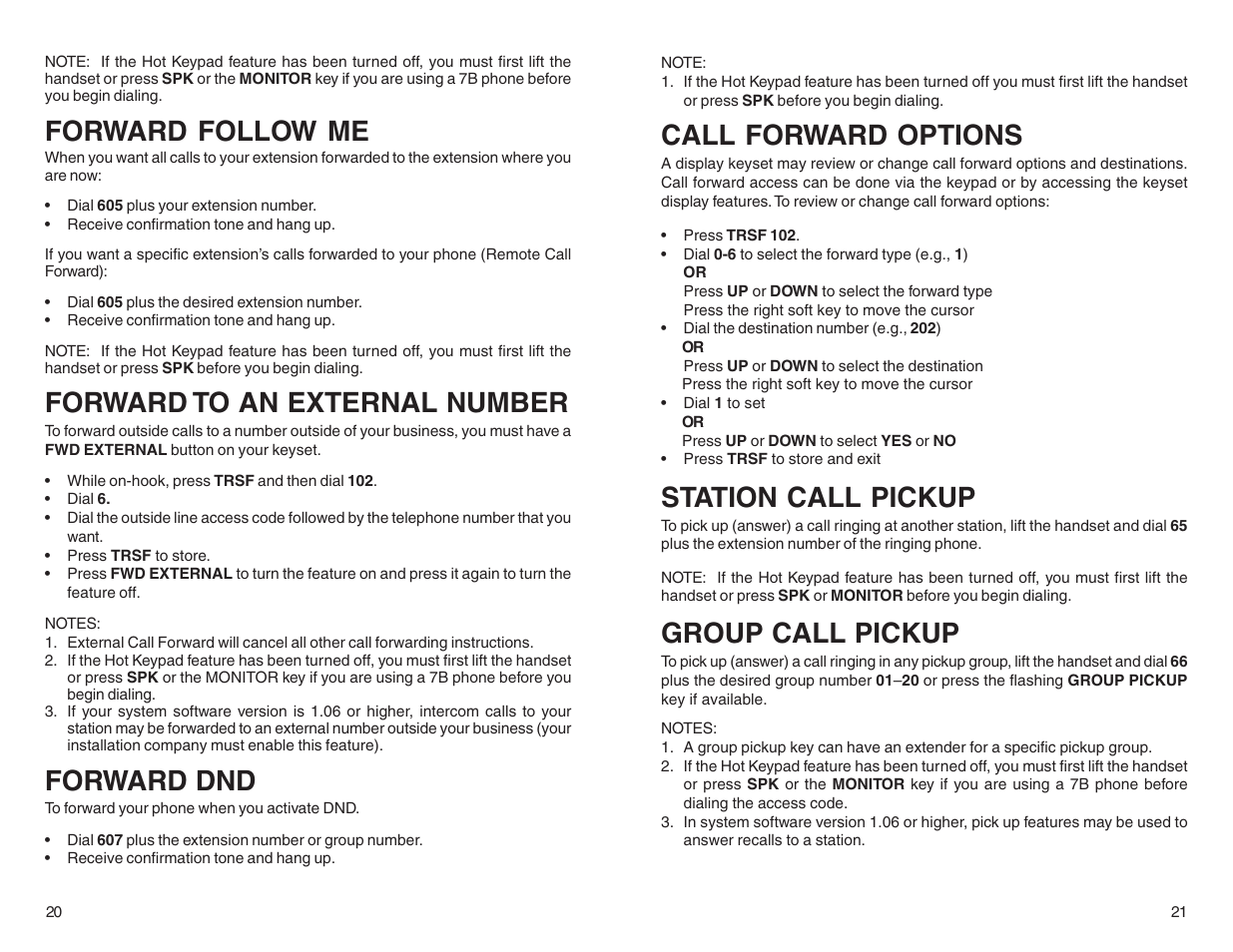 Forward follow me, Forward to an external number, Forward dnd | Call forward options, Station call pickup, Group call pickup | DCS LCD 24B User Manual | Page 13 / 30