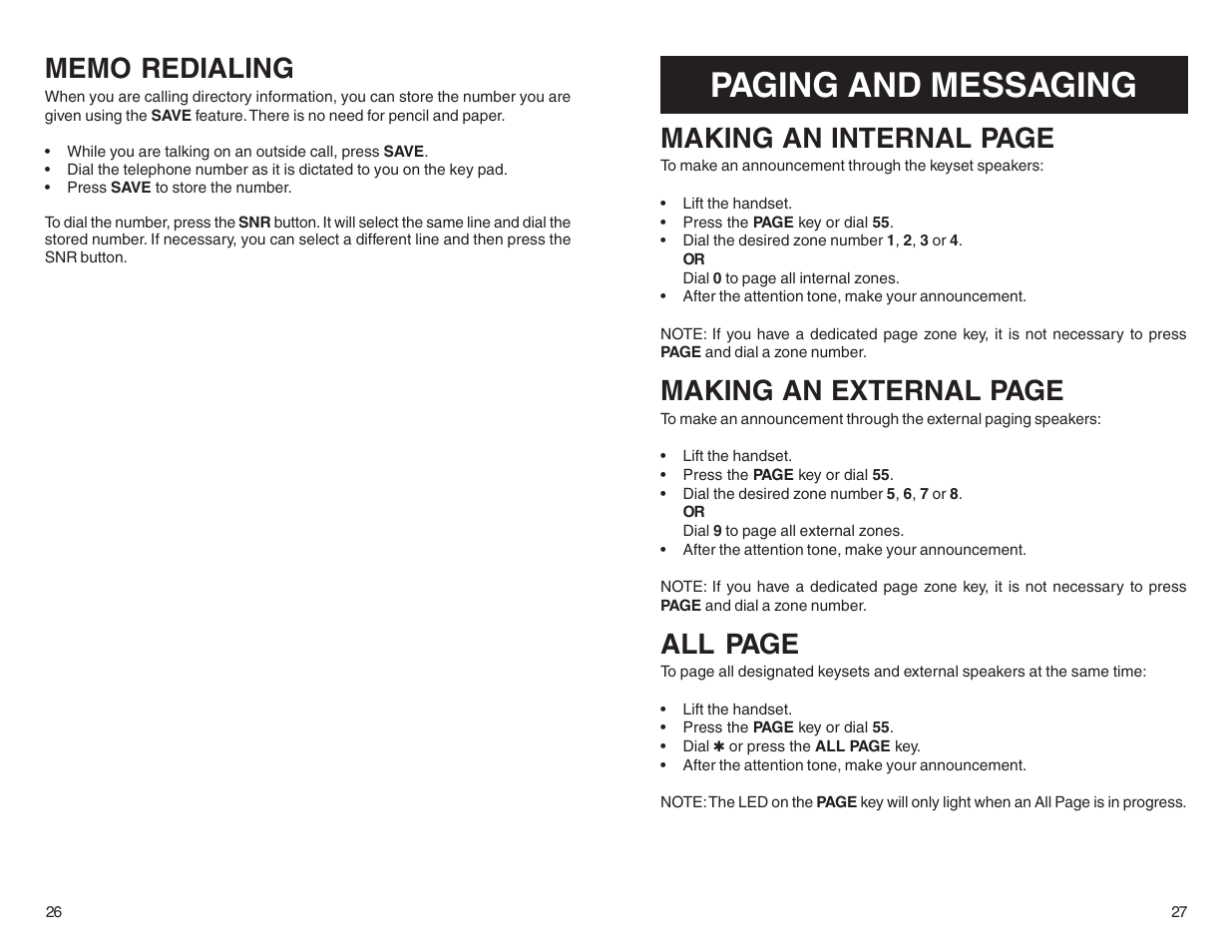 Paging and messaging, Making an internal page, Making an external page | All page | DCS LCD 24B User Manual | Page 16 / 30