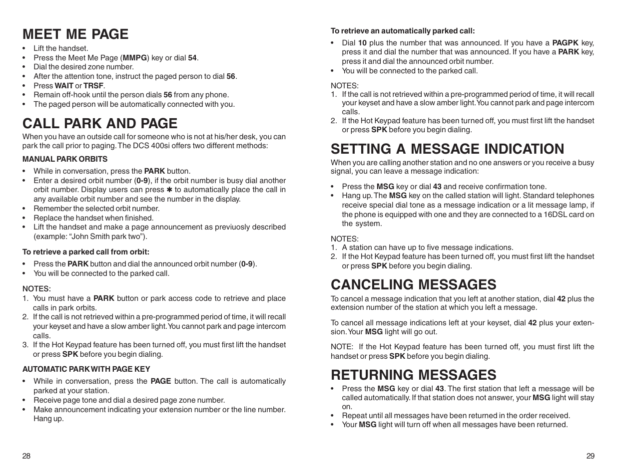 Meet me page, Call park and page, Setting a message indication | Canceling messages, Returning messages | DCS LCD 24B User Manual | Page 17 / 30