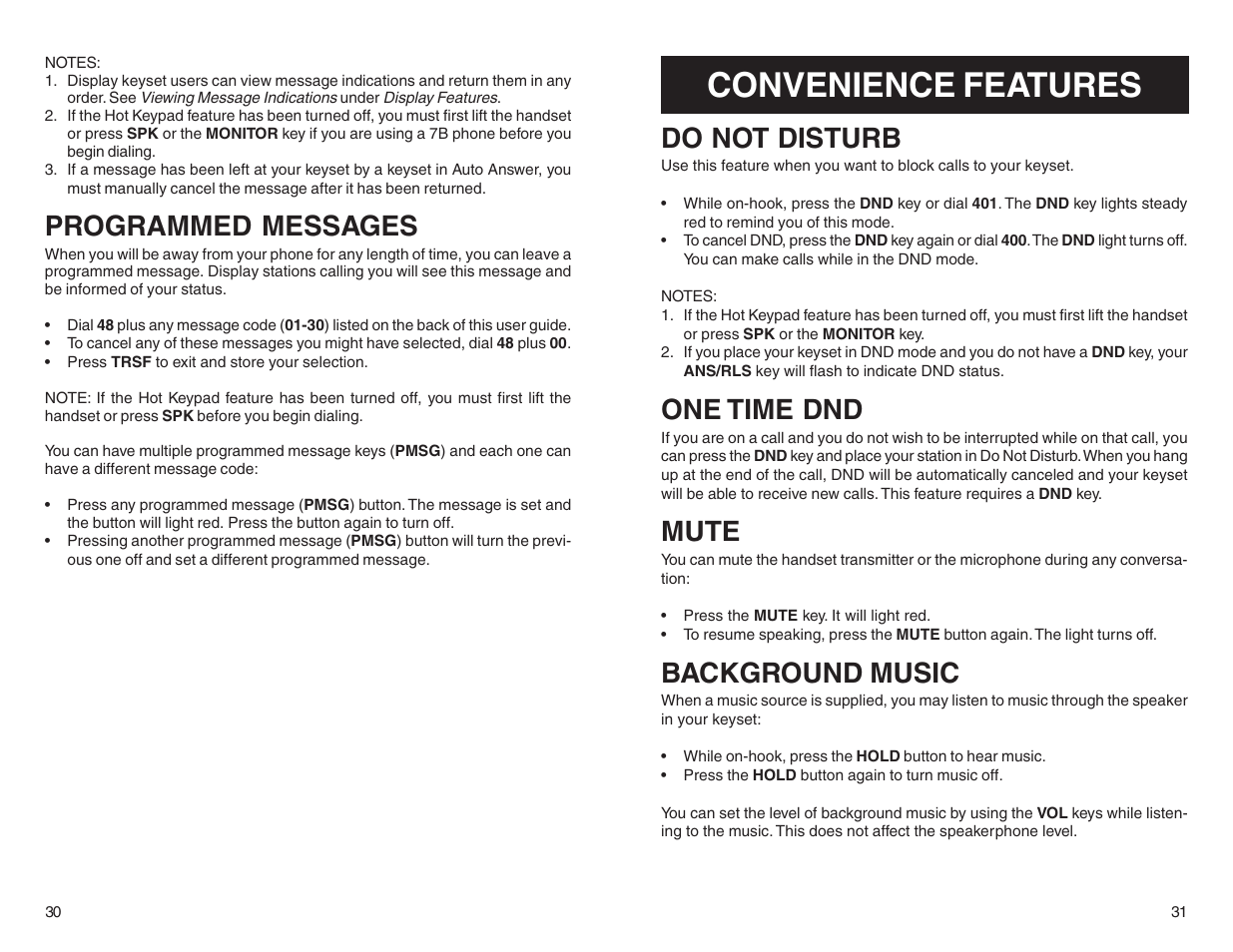 Convenience features, Programmed messages, Do not disturb | One time dnd, Mute, Background music | DCS LCD 24B User Manual | Page 18 / 30