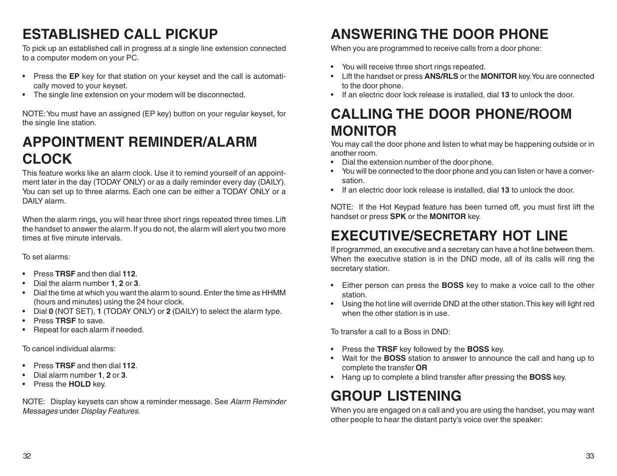 Established call pickup, Appointment reminder/alarm clock, Answering the door phone | Calling the door phone/room monitor, Executive/secretary hot line, Group listening | DCS LCD 24B User Manual | Page 19 / 30