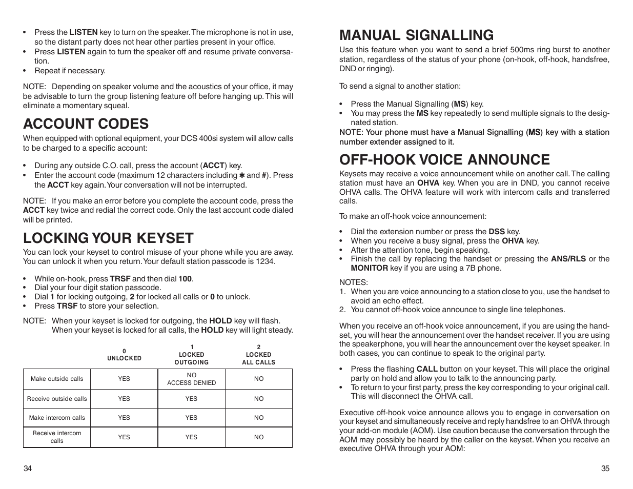 Account codes, Locking your keyset, Manual signalling | Off-hook voice announce | DCS LCD 24B User Manual | Page 20 / 30