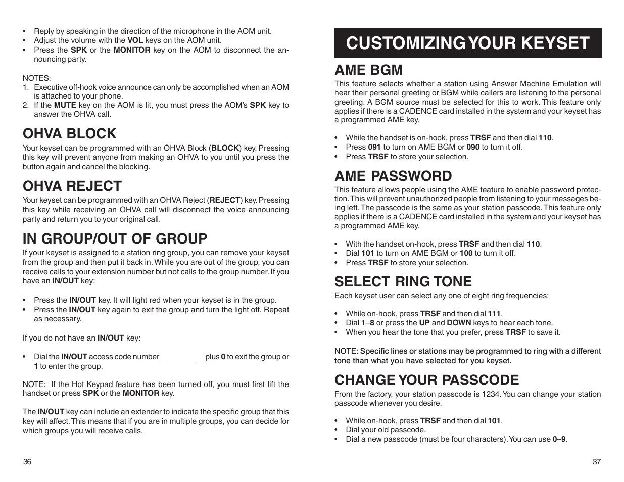 Customizing your keyset, Ohva block, Ohva reject | Ame bgm, Ame password, Select ring tone, Change your passcode | DCS LCD 24B User Manual | Page 21 / 30