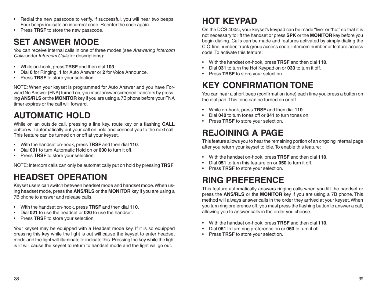 Set answer mode, Automatic hold, Headset operation | Hot keypad, Key confirmation tone, Rejoining a page, Ring preference | DCS LCD 24B User Manual | Page 22 / 30