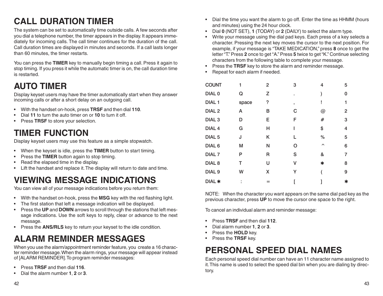 Call duration timer, Auto timer, Timer function | Viewing message indications, Alarm reminder messages, Personal speed dial names | DCS LCD 24B User Manual | Page 24 / 30