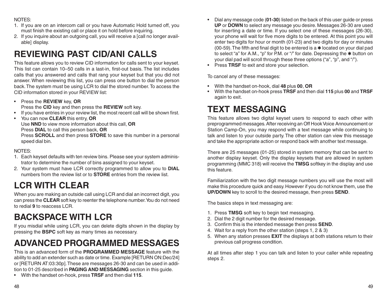 Reviewing past cid/ani calls, Lcr with clear, Backspace with lcr | Advanced programmed messages, Text messaging | DCS LCD 24B User Manual | Page 27 / 30