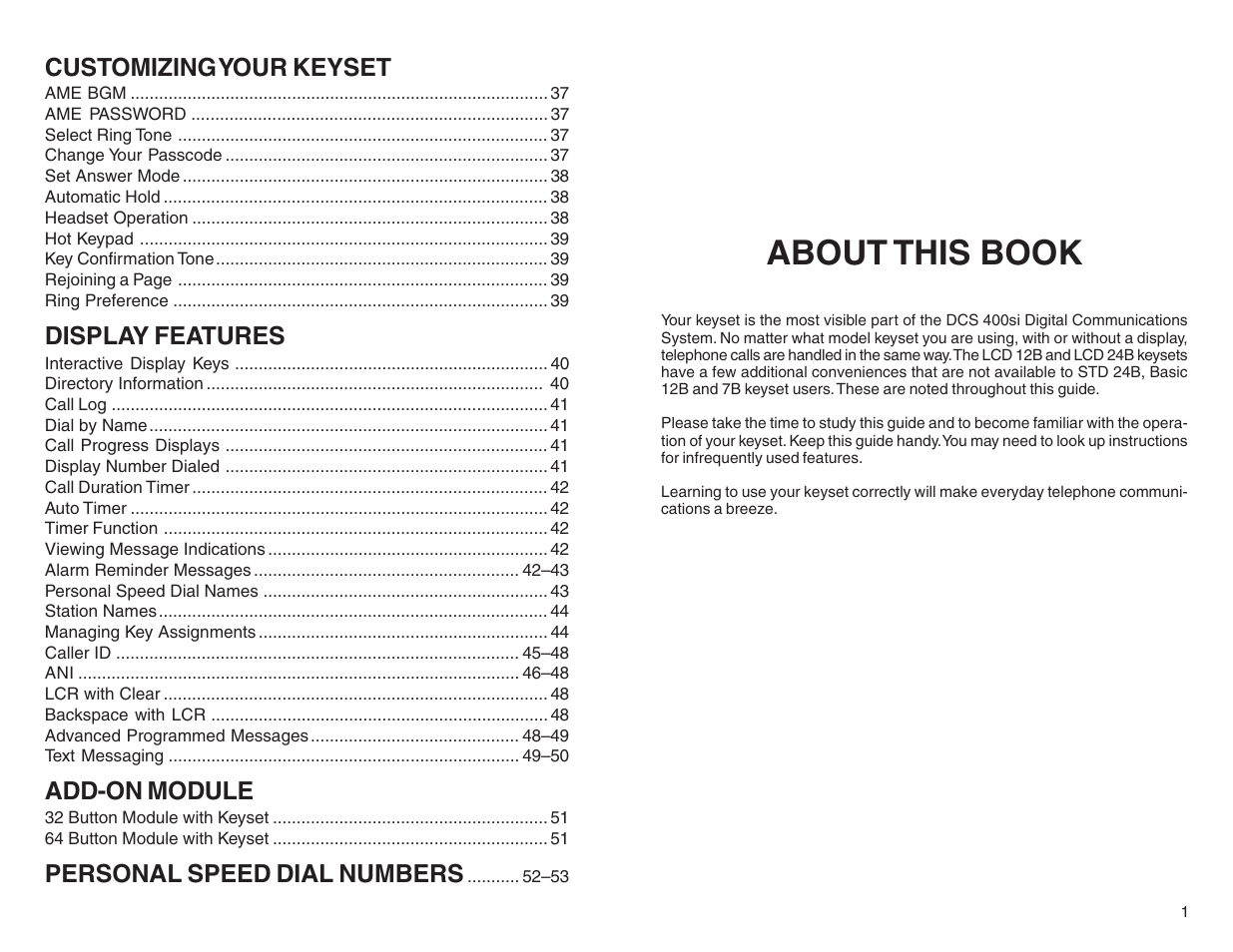 About this book, Customizing your keyset, Display features | Add-on module, Personal speed dial numbers | DCS LCD 24B User Manual | Page 3 / 30