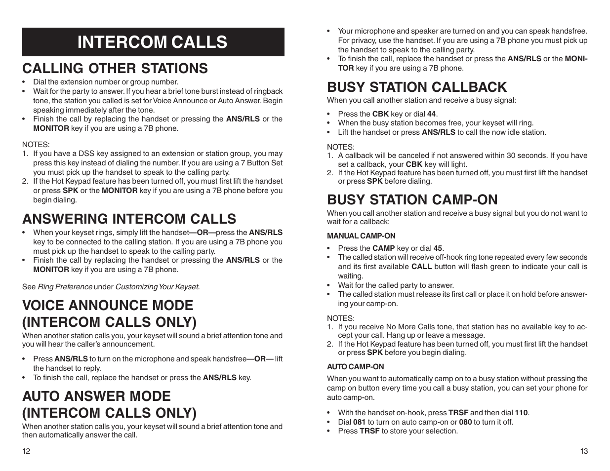 Intercom calls, Calling other stations, Answering intercom calls | Voice announce mode (intercom calls only), Auto answer mode (intercom calls only), Busy station callback, Busy station camp-on | DCS LCD 24B User Manual | Page 9 / 30