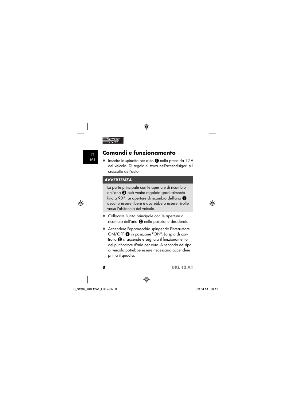 Comandi e funzionamento | Ultimate Speed UKL 12 A1 User Manual | Page 11 / 56