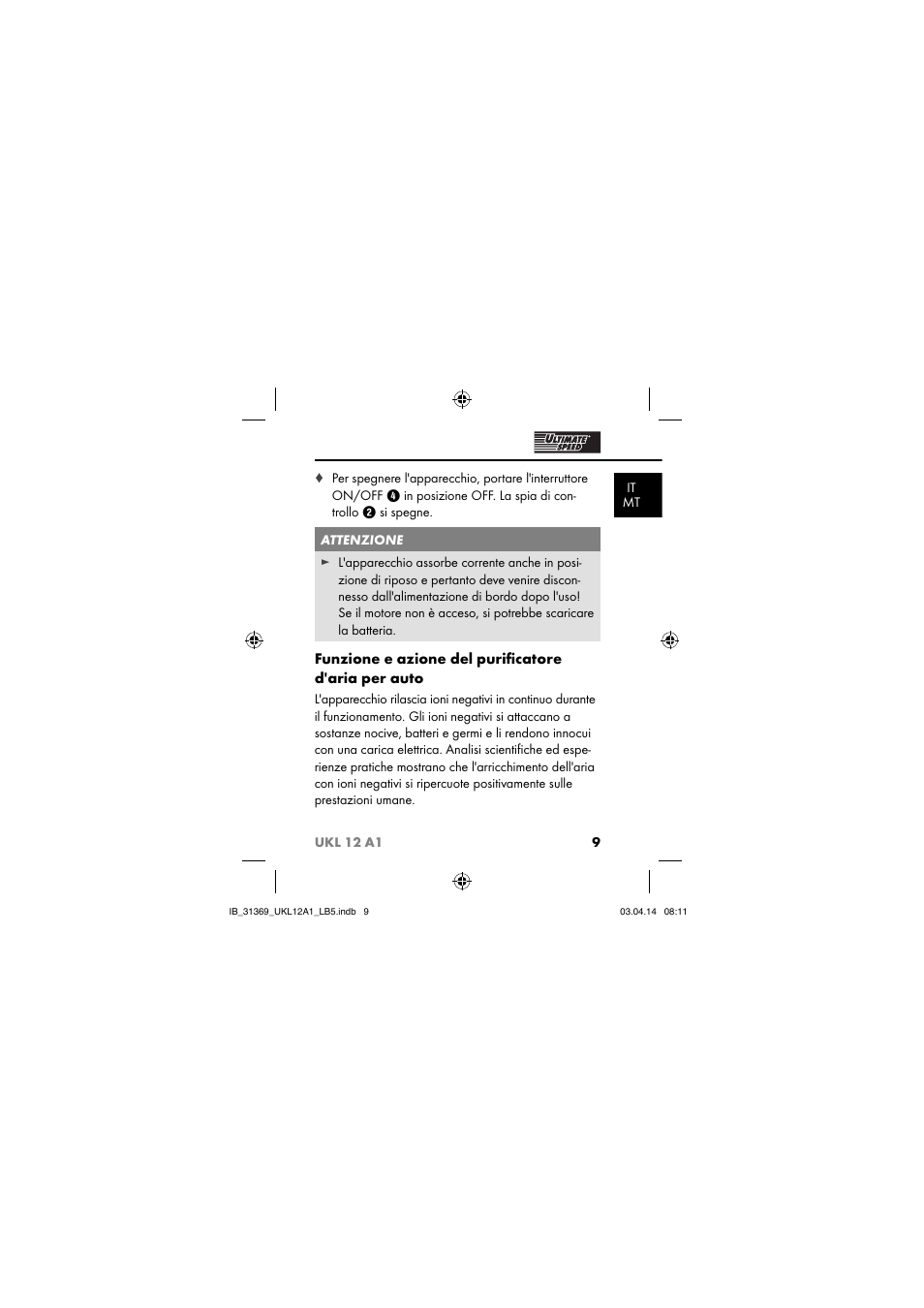 Funzione e azione del puriﬁ catore d'aria per auto | Ultimate Speed UKL 12 A1 User Manual | Page 12 / 56