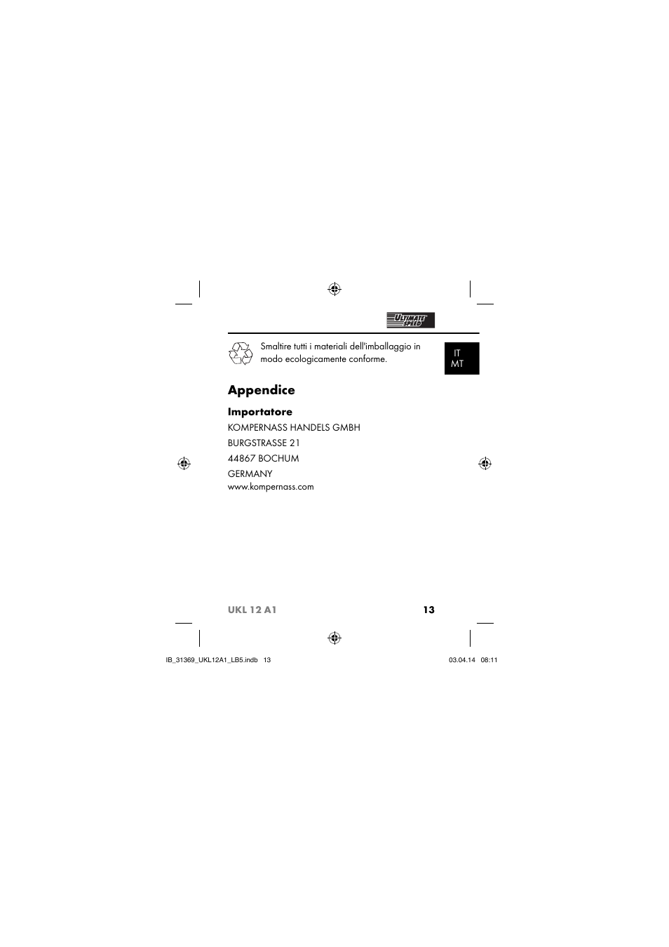 Appendice, Importatore | Ultimate Speed UKL 12 A1 User Manual | Page 16 / 56