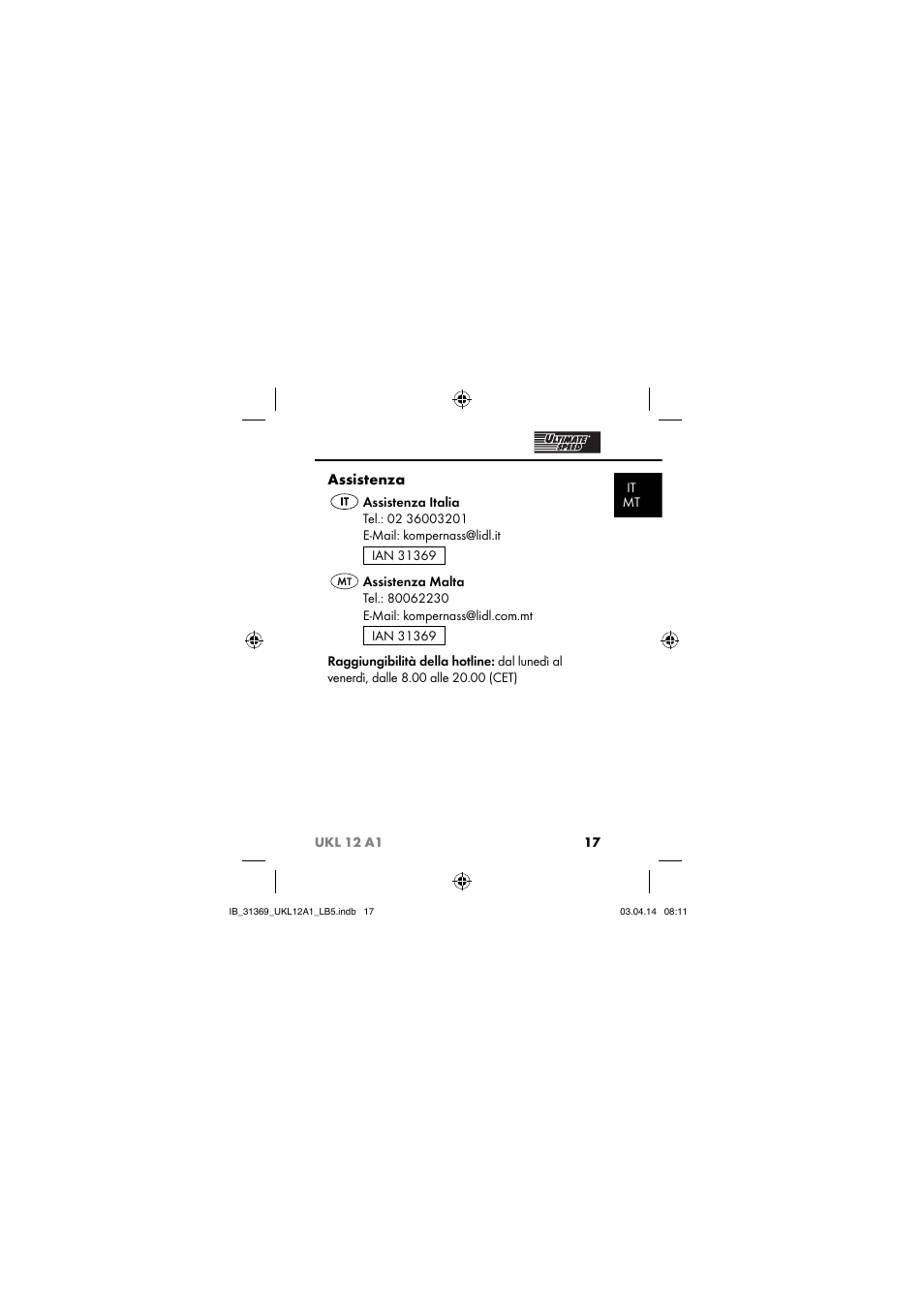 Assistenza | Ultimate Speed UKL 12 A1 User Manual | Page 20 / 56