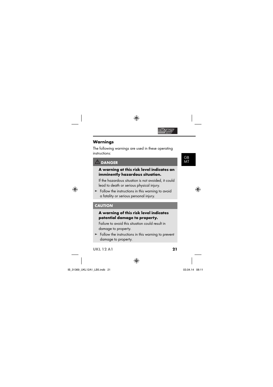 Warnings | Ultimate Speed UKL 12 A1 User Manual | Page 24 / 56