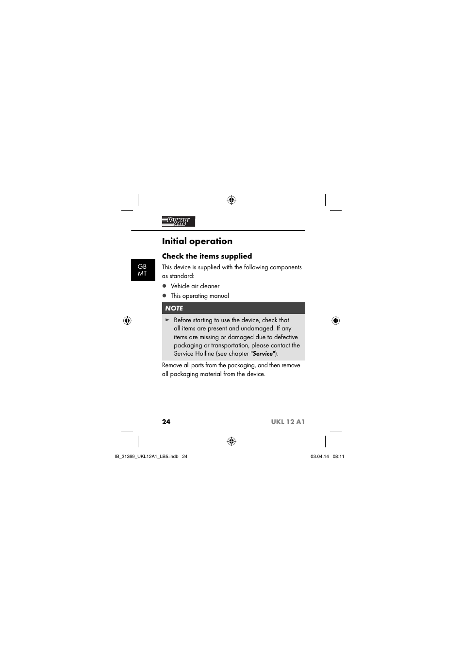 Initial operation, Check the items supplied | Ultimate Speed UKL 12 A1 User Manual | Page 27 / 56