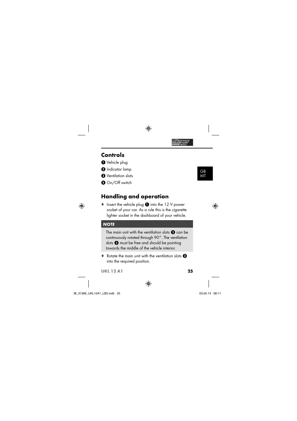 Controls, Handling and operation | Ultimate Speed UKL 12 A1 User Manual | Page 28 / 56
