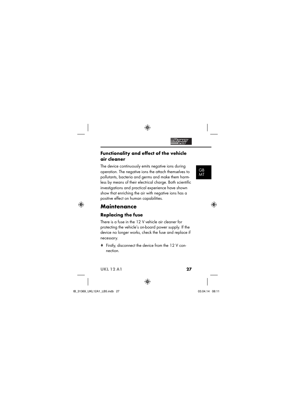 Maintenance, Replacing the fuse | Ultimate Speed UKL 12 A1 User Manual | Page 30 / 56