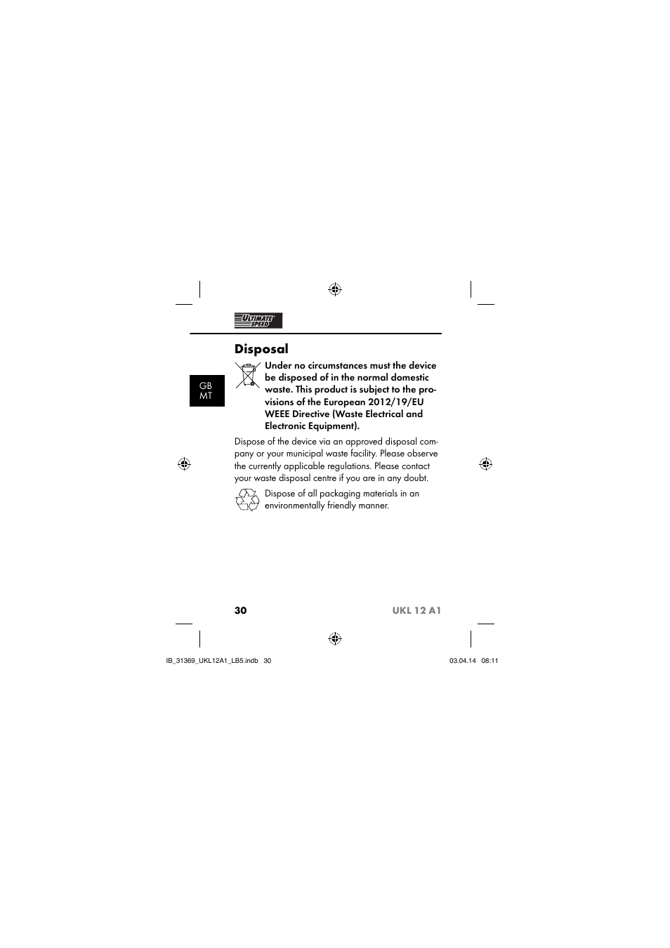 Disposal | Ultimate Speed UKL 12 A1 User Manual | Page 33 / 56