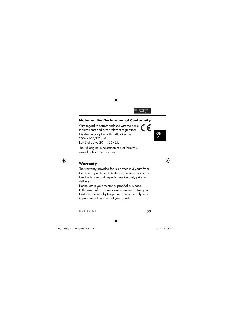 Warranty | Ultimate Speed UKL 12 A1 User Manual | Page 36 / 56