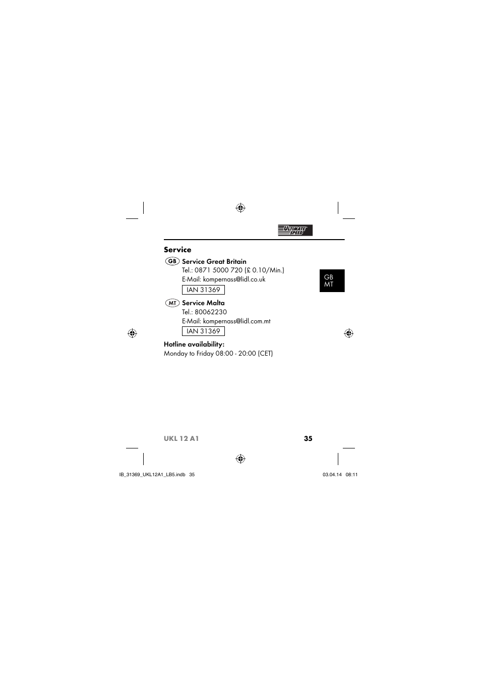 Service | Ultimate Speed UKL 12 A1 User Manual | Page 38 / 56