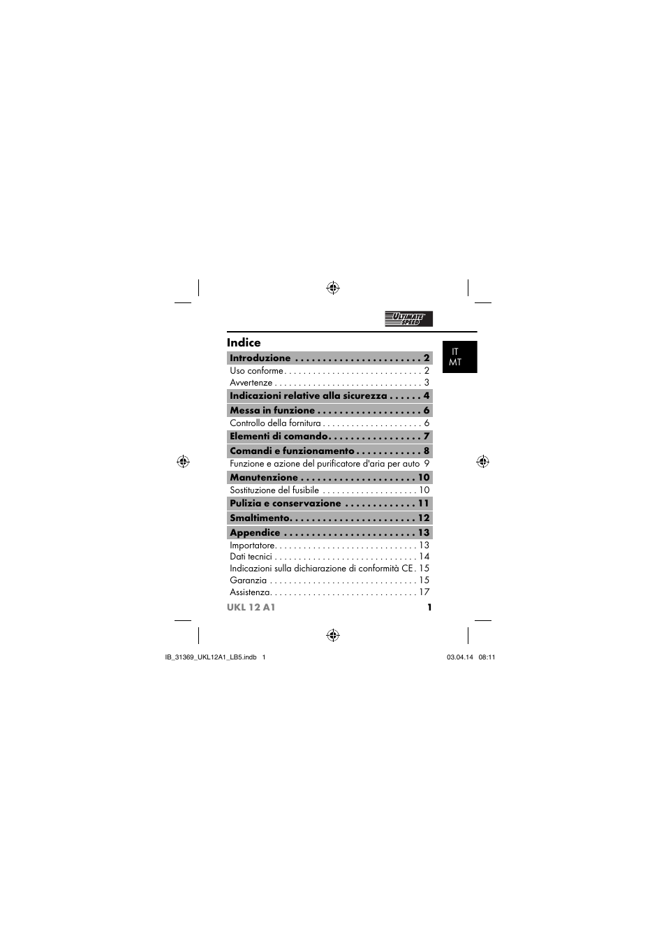 Indice | Ultimate Speed UKL 12 A1 User Manual | Page 4 / 56