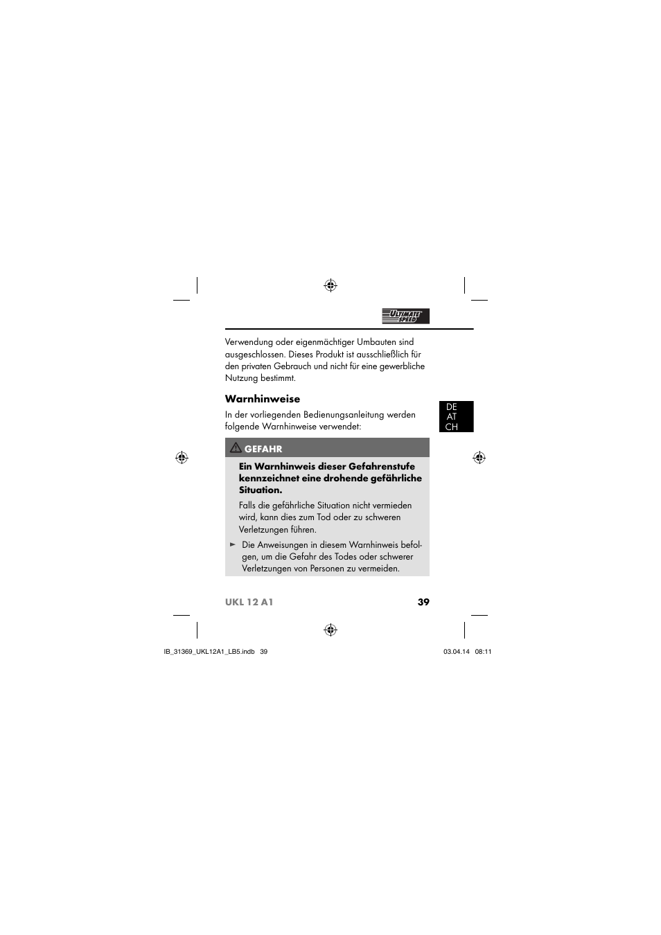 Warnhinweise | Ultimate Speed UKL 12 A1 User Manual | Page 42 / 56