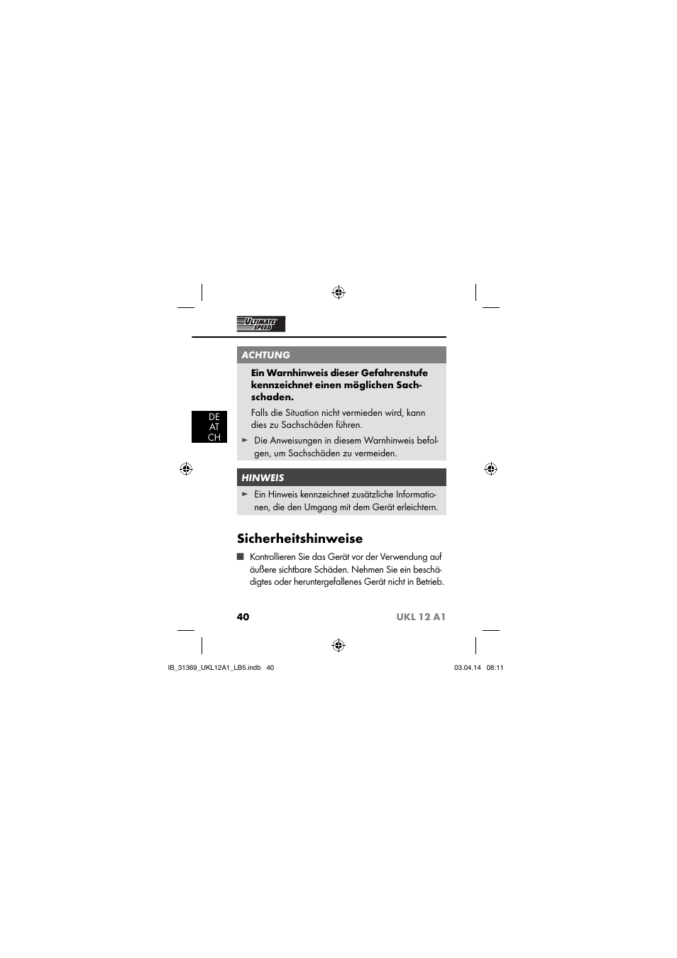 Sicherheitshinweise | Ultimate Speed UKL 12 A1 User Manual | Page 43 / 56