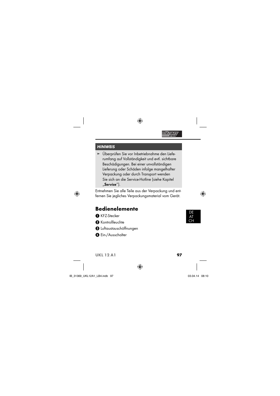 Bedienelemente | Ultimate Speed UKL 12 A1 User Manual | Page 100 / 110