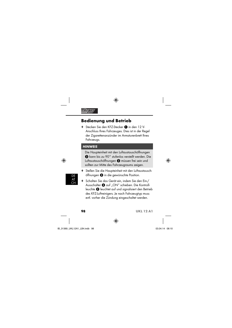 Bedienung und betrieb | Ultimate Speed UKL 12 A1 User Manual | Page 101 / 110