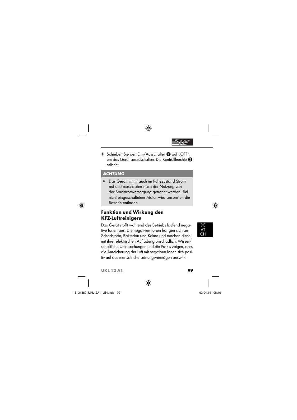 Funktion und wirkung des kfz-luftreinigers | Ultimate Speed UKL 12 A1 User Manual | Page 102 / 110