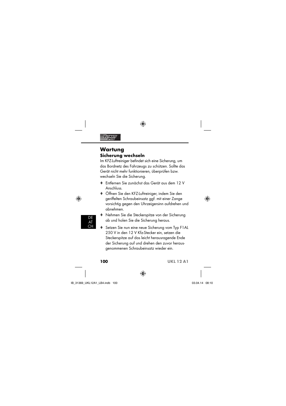 Wartung, Sicherung wechseln | Ultimate Speed UKL 12 A1 User Manual | Page 103 / 110