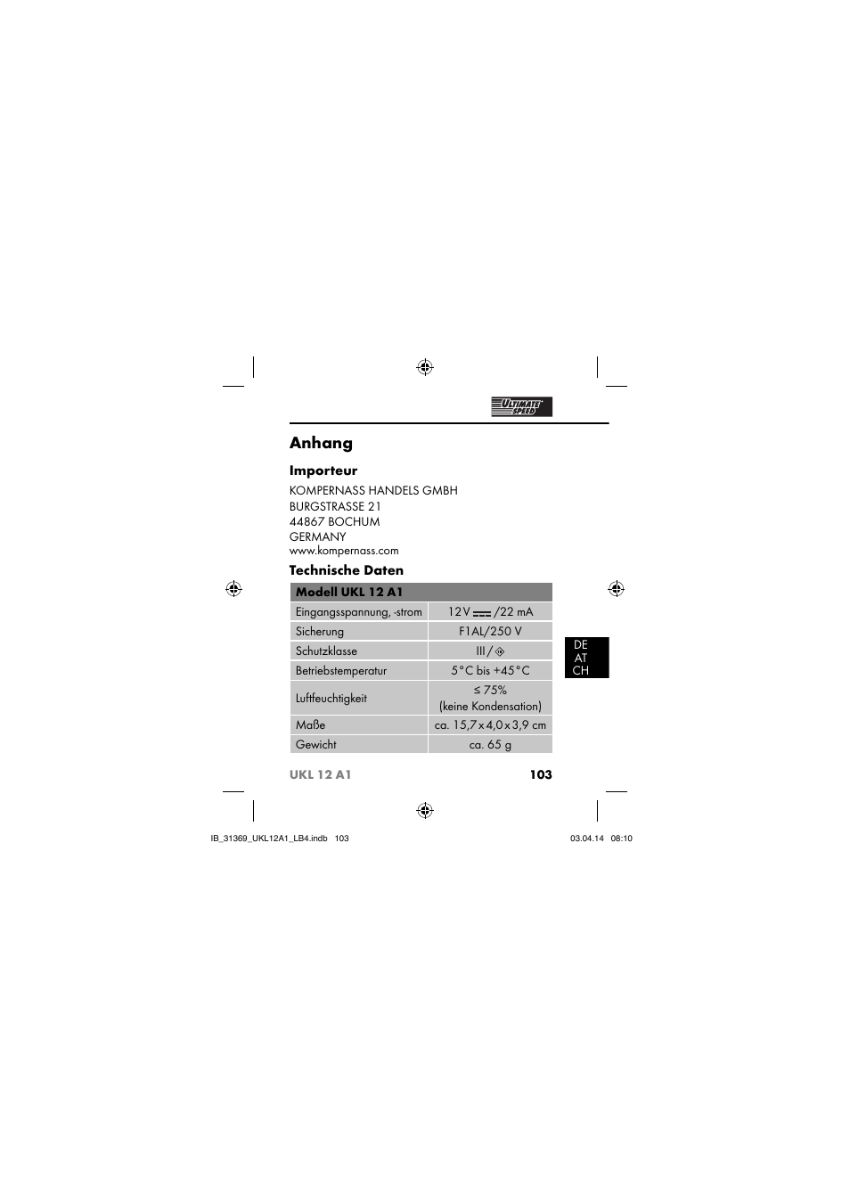 Anhang, Importeur, Technische daten | Ultimate Speed UKL 12 A1 User Manual | Page 106 / 110