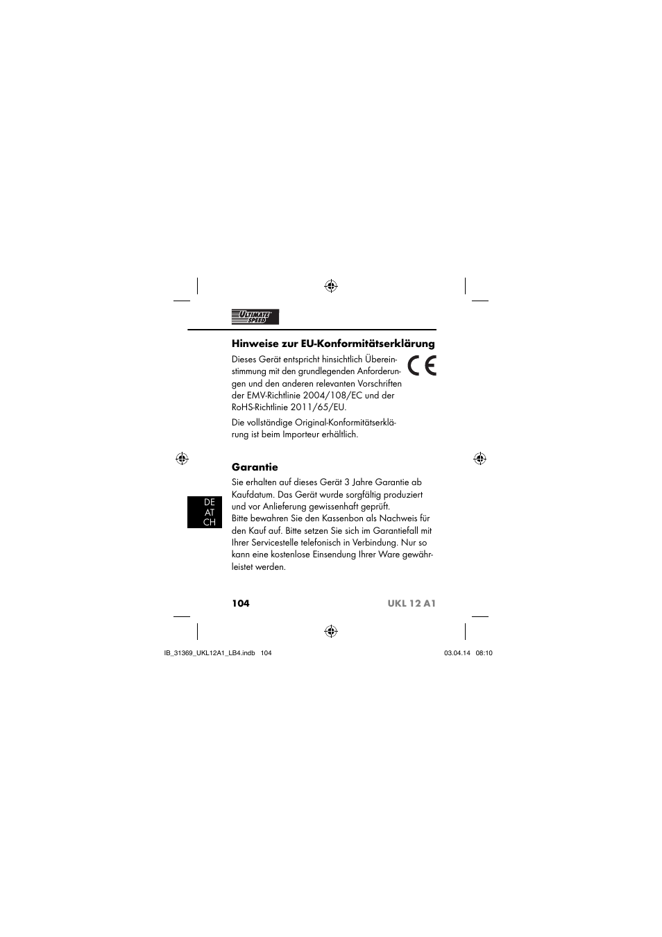 Hinweise zur eu-konformitätserklärung, Garantie | Ultimate Speed UKL 12 A1 User Manual | Page 107 / 110