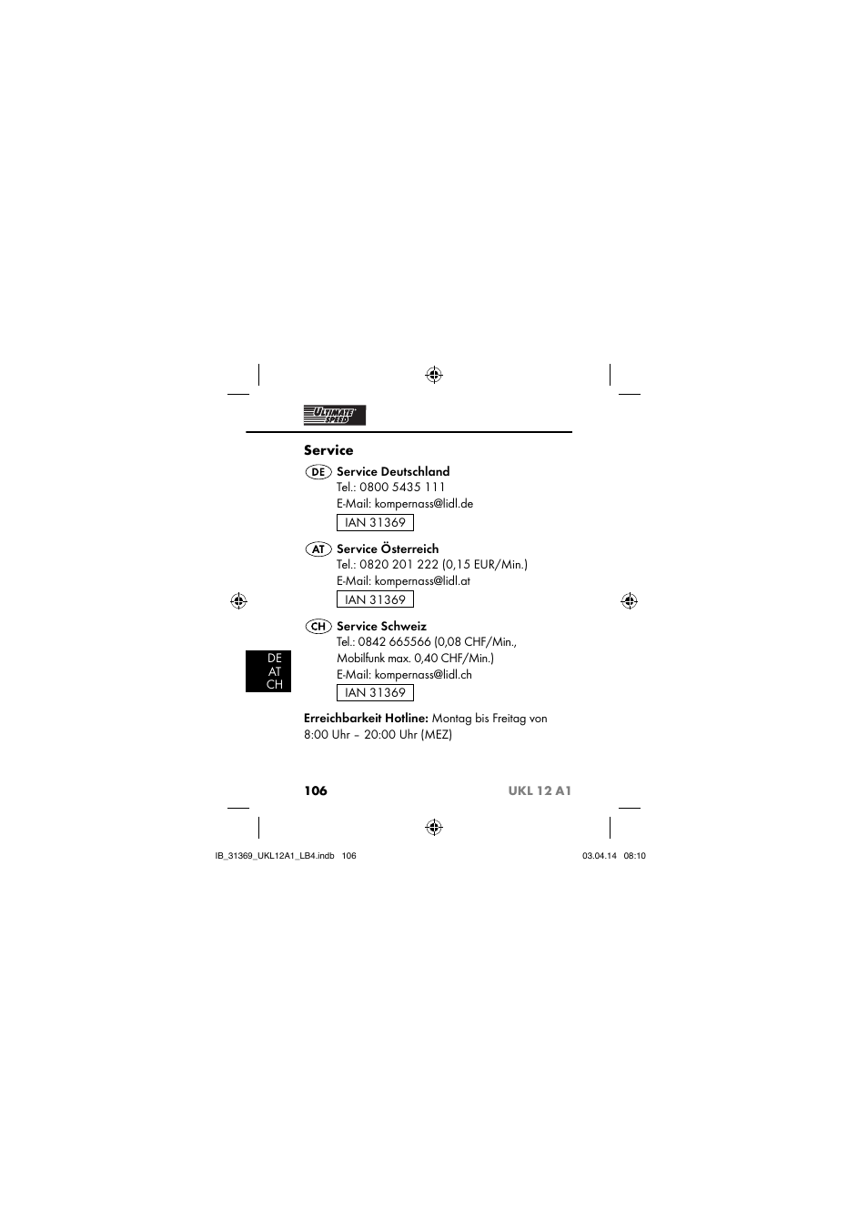 Service | Ultimate Speed UKL 12 A1 User Manual | Page 109 / 110