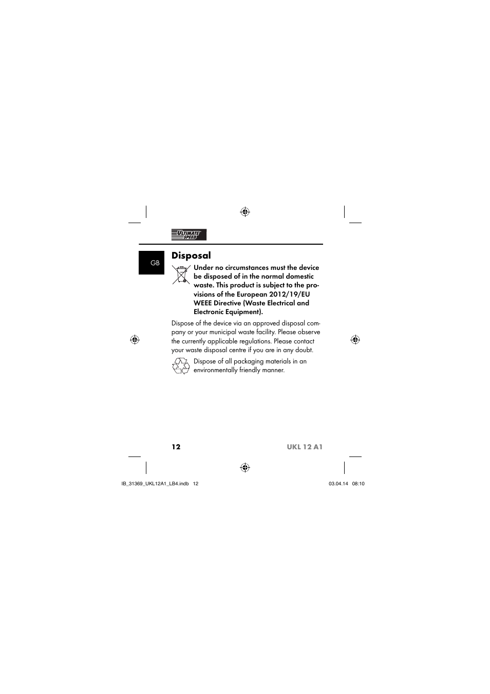 Disposal | Ultimate Speed UKL 12 A1 User Manual | Page 15 / 110