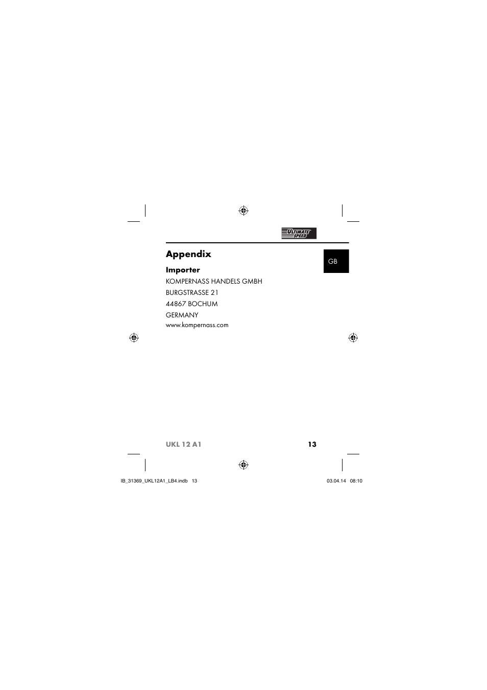 Appendix, Importer | Ultimate Speed UKL 12 A1 User Manual | Page 16 / 110