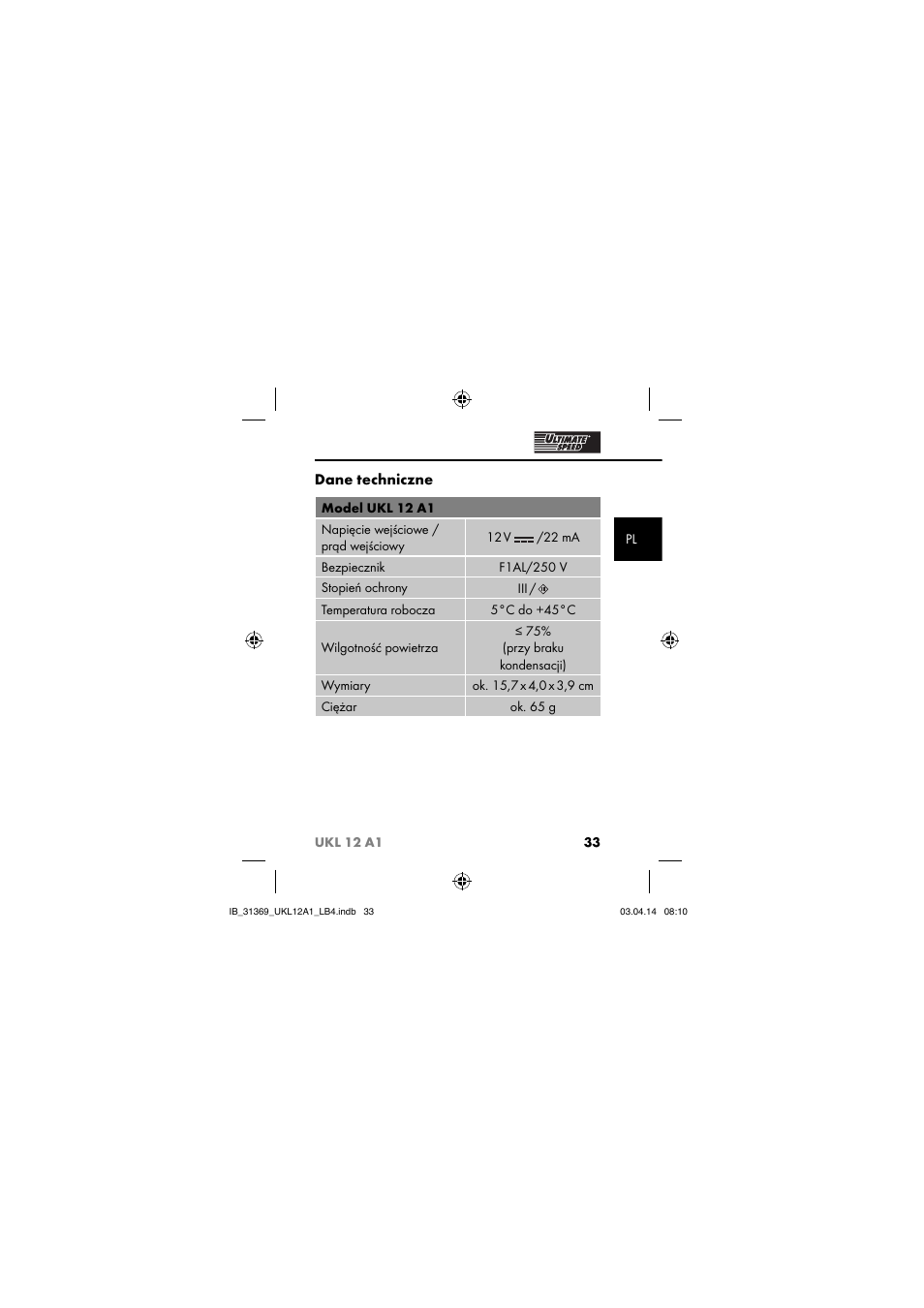 Dane techniczne | Ultimate Speed UKL 12 A1 User Manual | Page 36 / 110