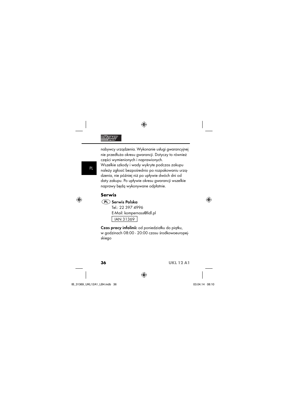 Serwis | Ultimate Speed UKL 12 A1 User Manual | Page 39 / 110