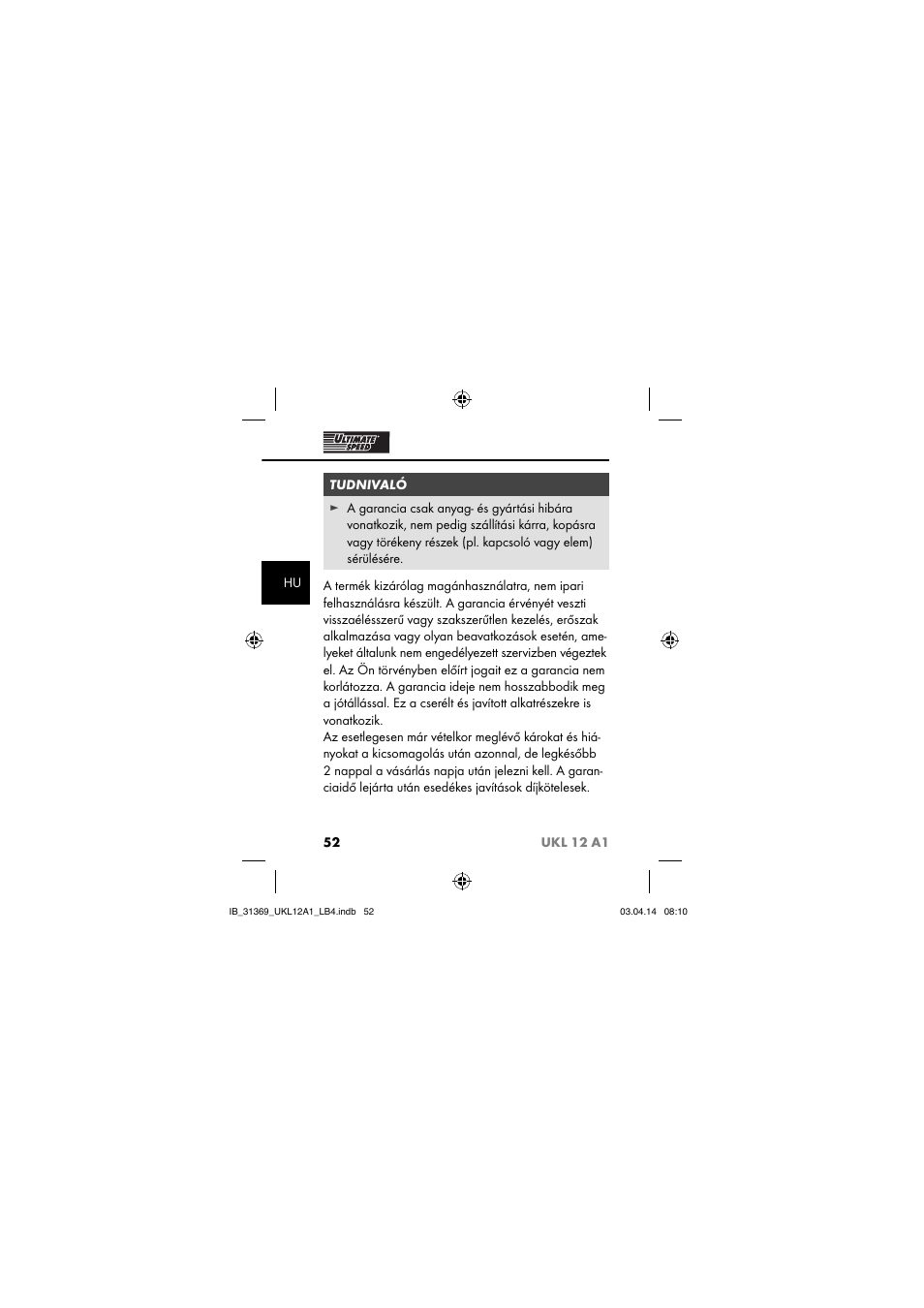 Ultimate Speed UKL 12 A1 User Manual | Page 55 / 110