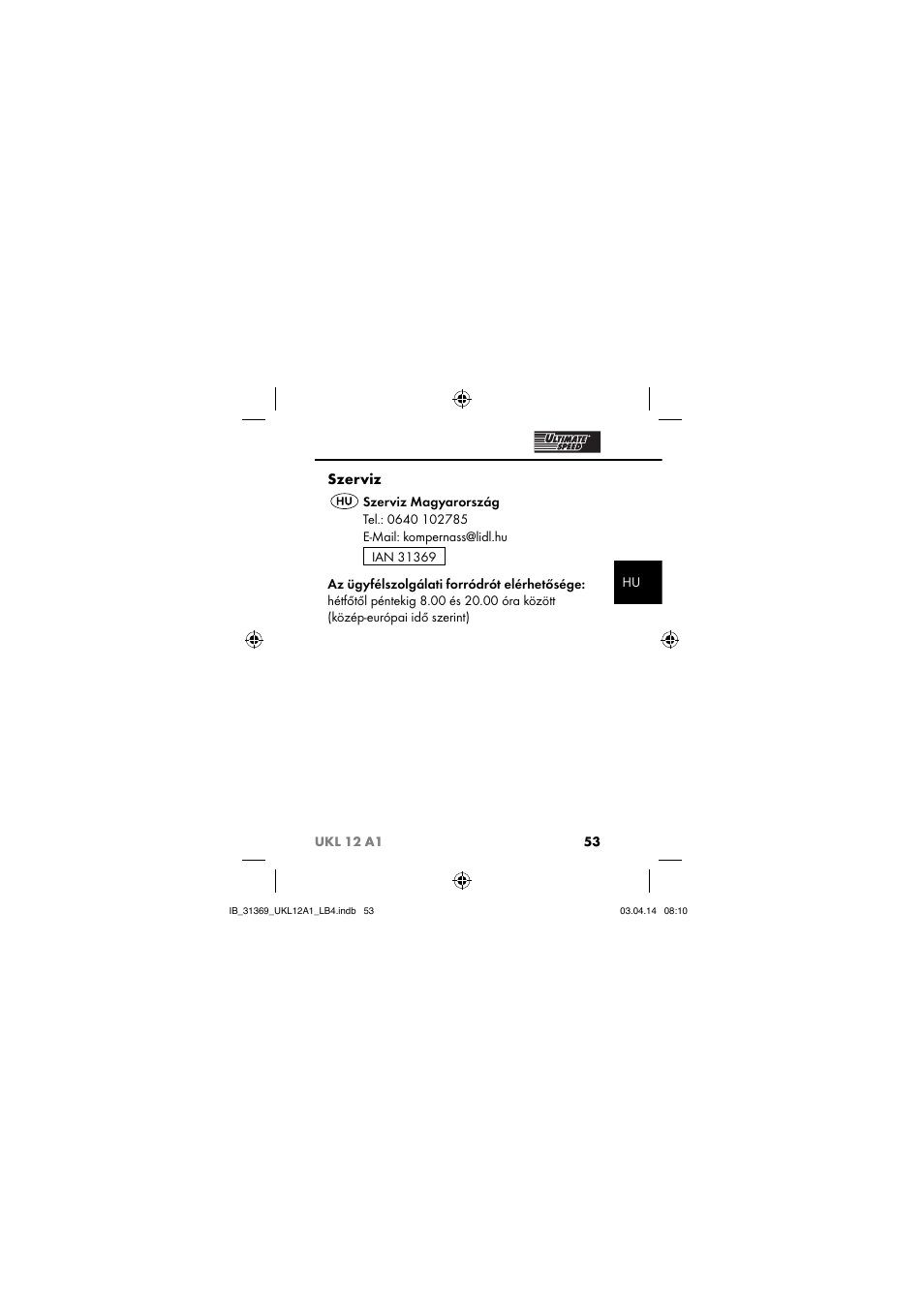Szerviz | Ultimate Speed UKL 12 A1 User Manual | Page 56 / 110