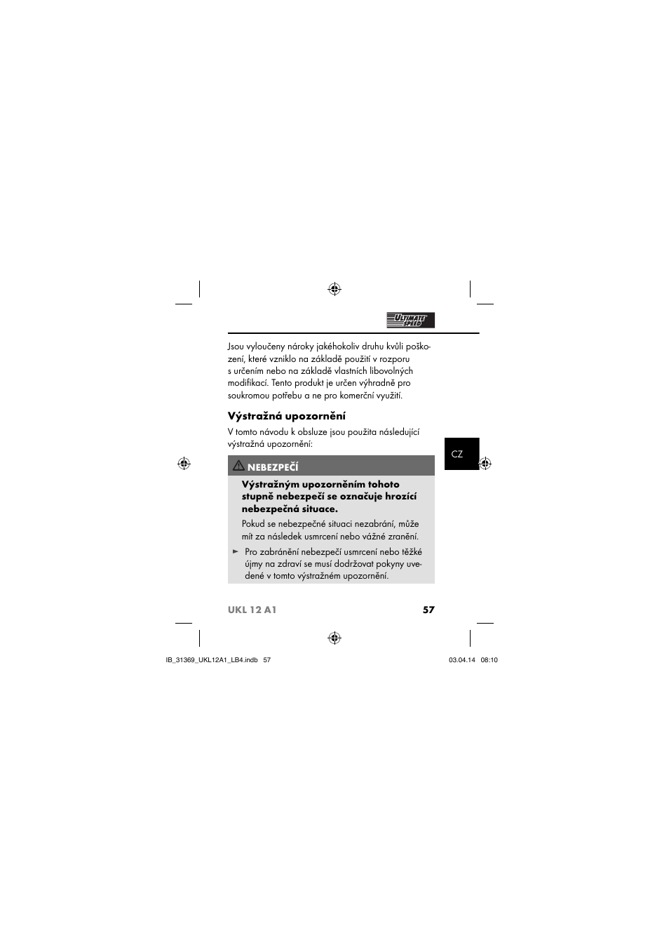 Výstražná upozornění | Ultimate Speed UKL 12 A1 User Manual | Page 60 / 110