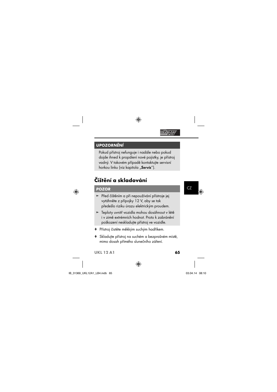 Čištění a skladování | Ultimate Speed UKL 12 A1 User Manual | Page 68 / 110
