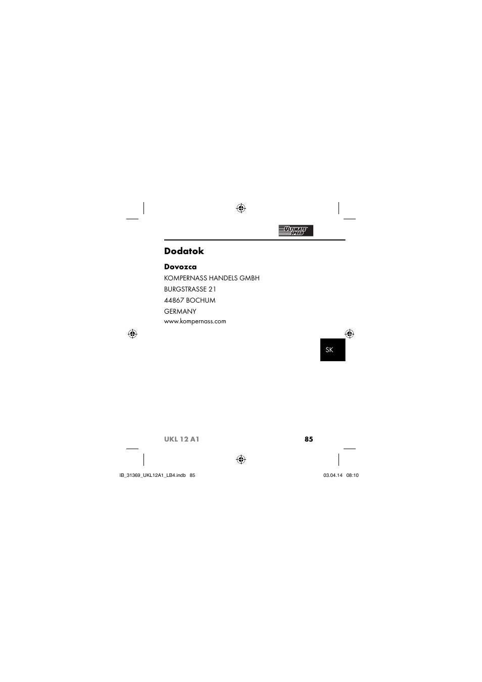 Dodatok, Dovozca | Ultimate Speed UKL 12 A1 User Manual | Page 88 / 110