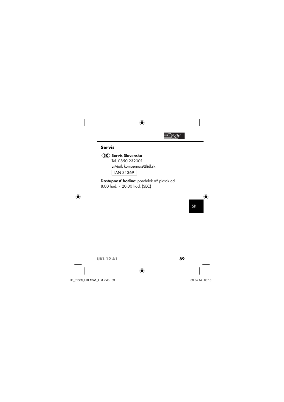 Servis | Ultimate Speed UKL 12 A1 User Manual | Page 92 / 110