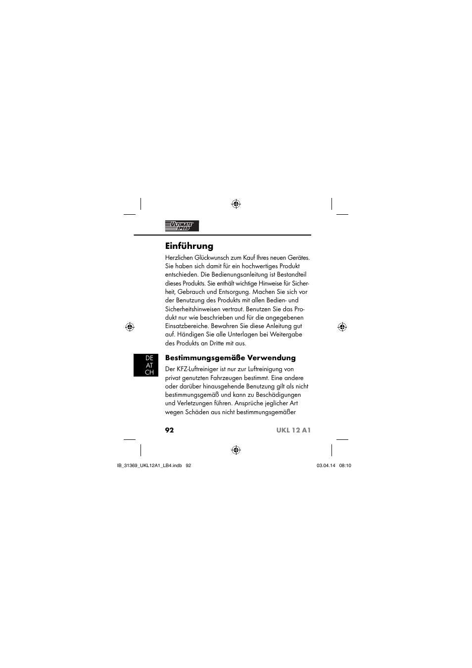 Einführung, Bestimmungsgemäße verwendung | Ultimate Speed UKL 12 A1 User Manual | Page 95 / 110